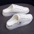 New Korean Style Women's White Shoes ﹤ Flat Bottom * Lazy People without Students ︸ Canvas Shoes ﹕﹂ Spring and Summer #﹏ Half Back Slip-on ·. 
