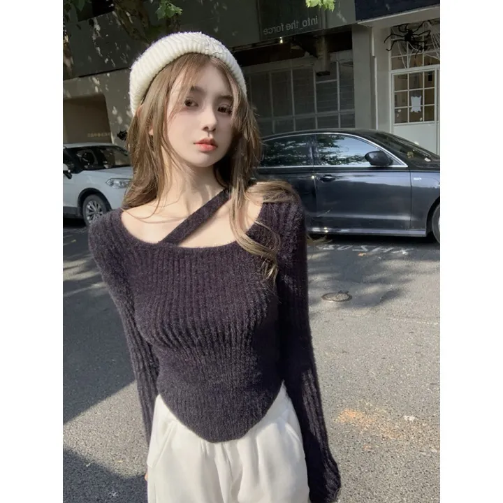 Knitted%20Sweater%20Bottoming%20Shirt%20Women's%20Design%20Sense%20Niche%20Chic%20Short%20Inner%20Tight%20Blue%20Long%20Sleeved%20Top%20-%20Image%202