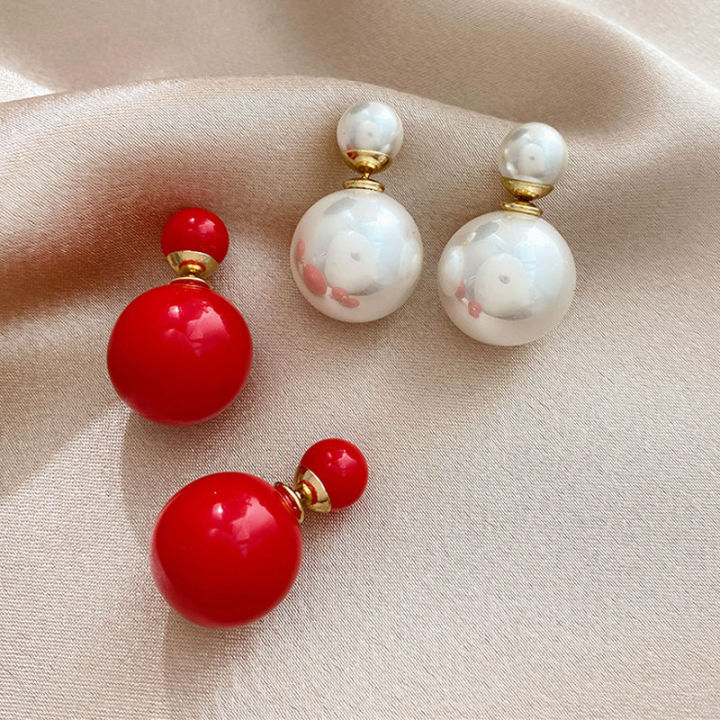 Korean Style New S925 Silver Needle Graceful Personality Large and Small Pearls Front and Rear Stud Earrings Pearl Short Earrings Female Earrings