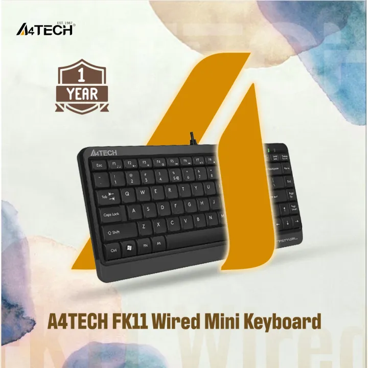 A4TECH FK11 Wired Mini Keyboard - Compact Size - Sleek Round-Square Keycaps - Multimedia Hot Keys - USB - For PC/Laptop - Black