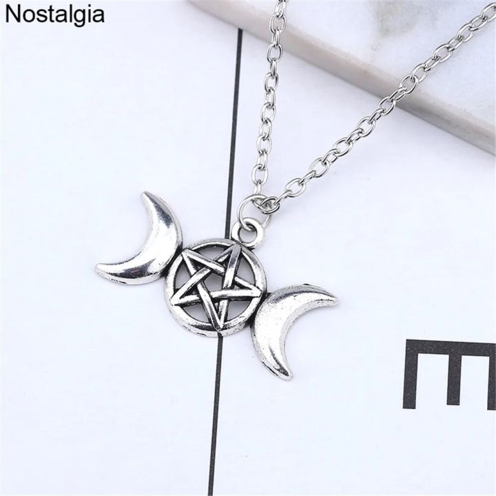 【Lejia】Wiccan Triple Moon Pendant Necklace Wicca Pagan Pentagram Witch