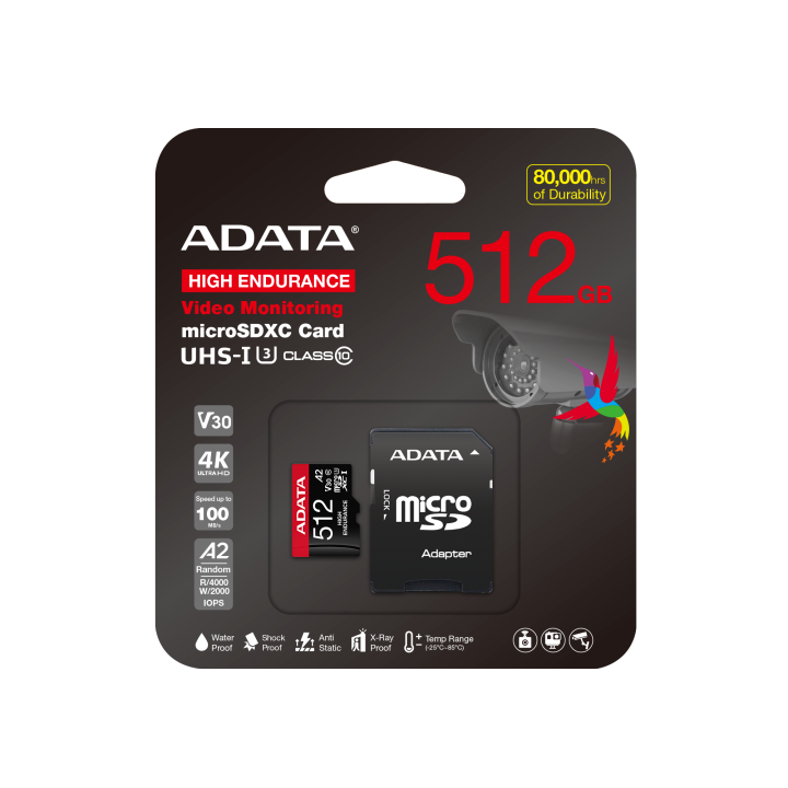 ADATA HIGH Endurance 512GB (U3,UHS-1,V30,20000hrs of Durability,Water/Shock/X-Ray Proof,Anti Static,4K, 8K, 3D, or 360° video recording) MICROSDXC Memory Card