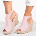Cross border cut-out buckle cross-border wedge sandals European and American style suede fish mouth plus size sandals cutout hemp sole women's shoes.