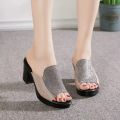 Summer New High Heel Slippers for Women Square Heel Platform Women Sandals Thick-heeled Bright Leather Solid Color Casual Shoes. 