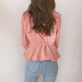 Women cute sweet peplum top slim waist a line belly design preppy style girls pink white button shirts blouses cotton D217.