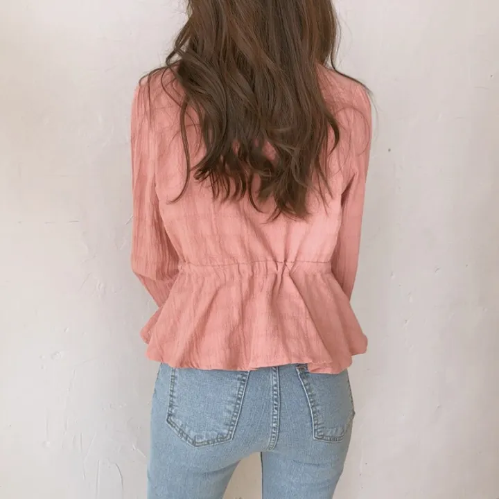 Women%20cute%20sweet%20peplum%20top%20slim%20waist%20a%20line%20belly%20design%20preppy%20style%20girls%20pink%20white%20button%20shirts%20blouses%20cotton%20D217%20-%20Image%207