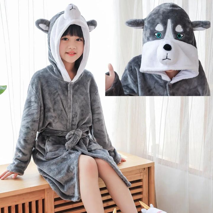 Kigurumi Husky Children Bathrobe Bath Robe Autumn Winter Animal Unicorn Hooded Pajamas For Boys Girls Towel Robes Kids Nightgown