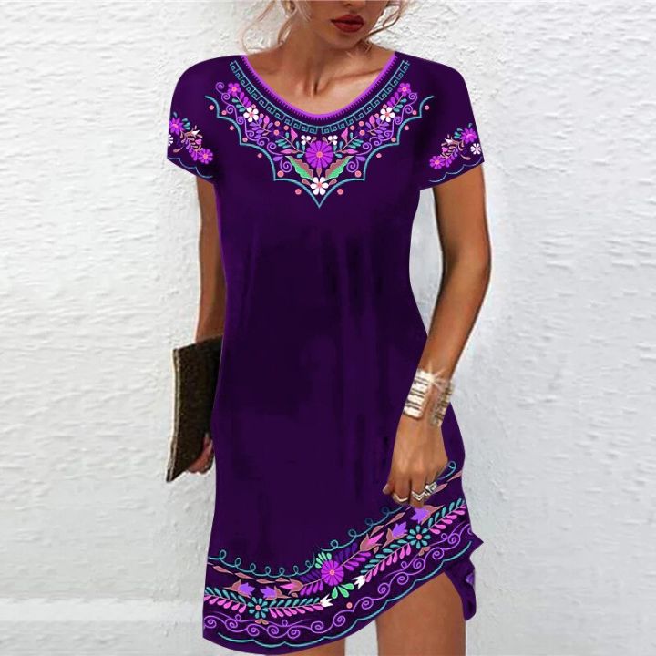 Women's%20Dress%20Fashion%20Summer%20Short%20Sleeve%20Casual%20Printed%20Party%20Dresses%20Loose%20Round%20Neck%20Pullover%20Elegant%20Dress%20-%20Image%205