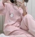 Sanrio Hello Kitty Pajamas Pants Kawaii Pijama Y2k Pyjama Pink Fluffy Suit Long-sleeved Trousers Onesize Cardigan Outfit Women.