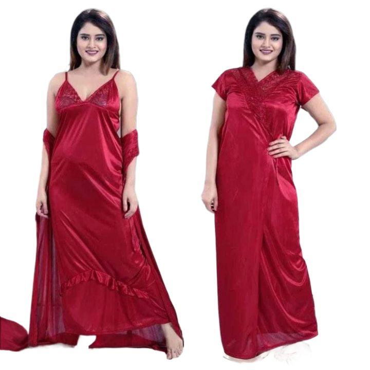 Sleep in Style with Women's 2-Part Long Solid Night Dress Set A Fashionable and Comfortable Choice for Nighttime Wardrobe