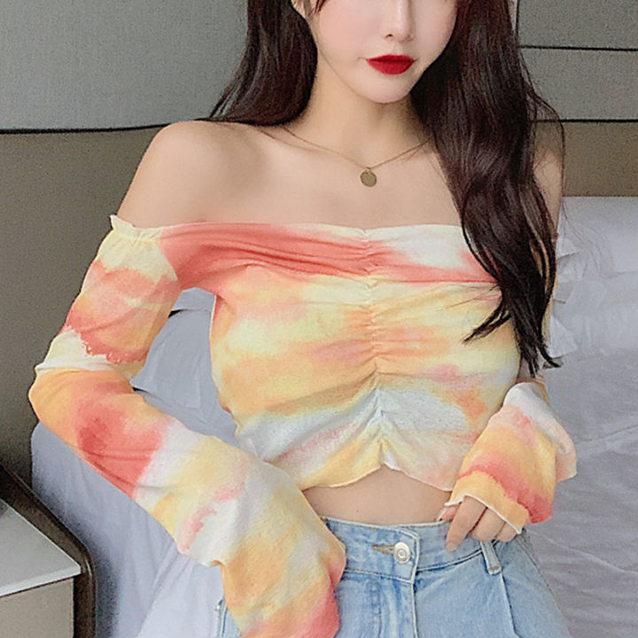 Women%20Casual%20Long%20Sleeve%20T-shirt%20Fashion%20Tie-dye%20Printed%20Boat%20Neck%20Exposed%20Navel%20Tops%20-%20Image%206