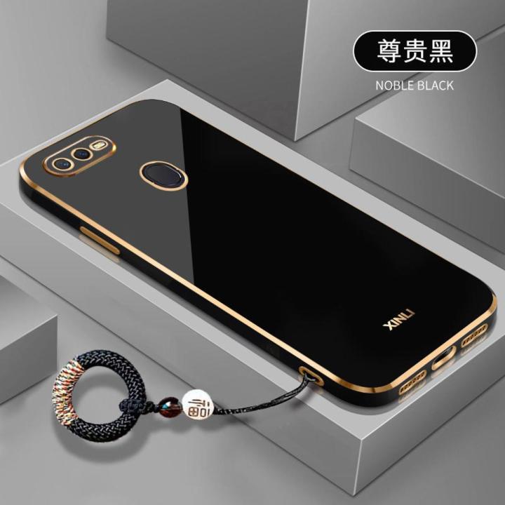 For OPPO A5s Back Cover with Non-Slip Rope Pull Ring Shiny Plating Square Bumper Protective Case Camera Lens Protection Soft Silicone Shockproof Mobile Phone Cases