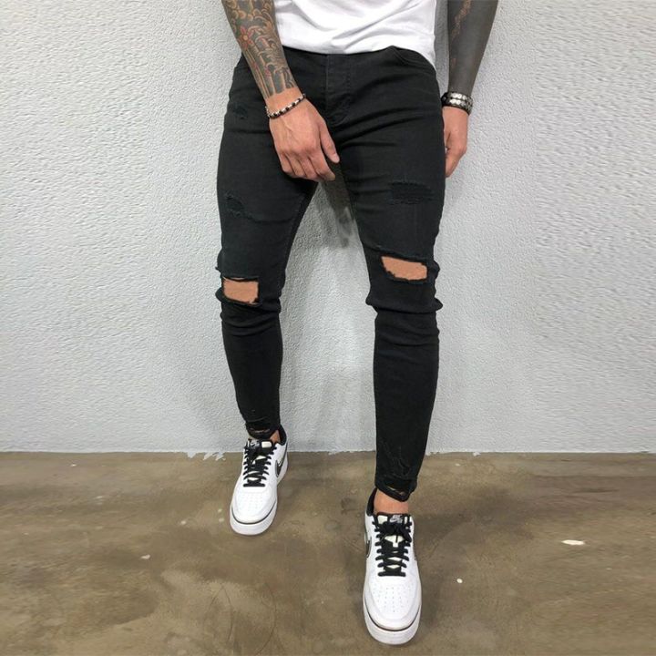 Men Jeans Knee Hole Ripped Stretch Skinny Denim Pants Solid