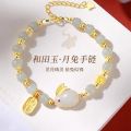 Sterling silver jade rabbit and Tian jade bracelet Chinese moon rabbit bracelet bracelet light luxury niche design for girlfriend birthday gift. 