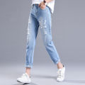 Ripped jeans cropped pants women's black and white loose student light color bf beggar pants spring new harlan 9 point pants.
