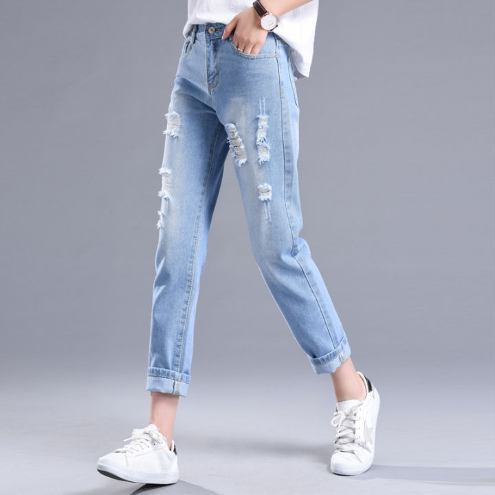 Ripped%20jeans%20cropped%20pants%20women's%20black%20and%20white%20loose%20student%20light%20color%20bf%20beggar%20pants%20spring%20new%20harlan%209%20point%20pants%20-%20Image%204