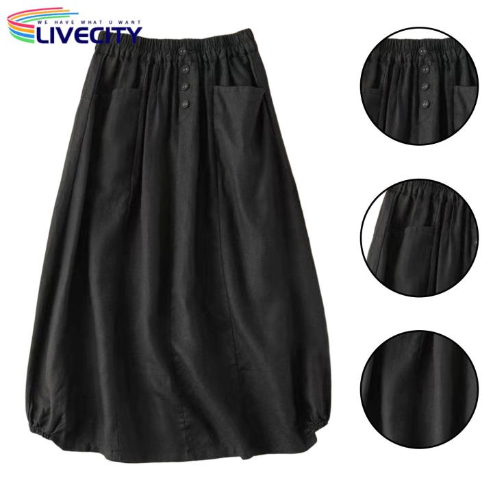 A%20Line%20Skirt%20Buttons%20Decor%20Cotton%20Linen%20A-Line%20Casual%20Skirt%20-%20Image%203