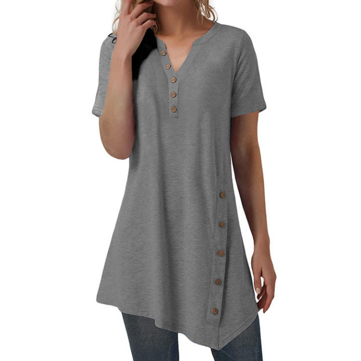 Ladies%20Button%20Design%20Short%20Sleeve%20Tops%20Blouse%20Irregular%20Ladies'%20Blouses%20-%20Image%206