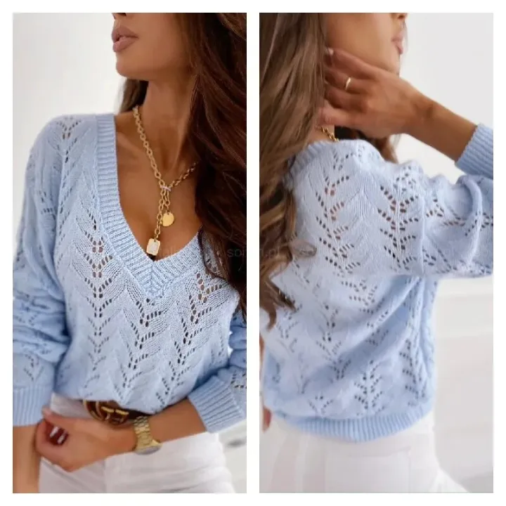 New%20Women's%20Polish%20Style%20Solid%20Mocha%20Hollow%20V-neck%20Knitted%20Sweater%20-%20Image%203