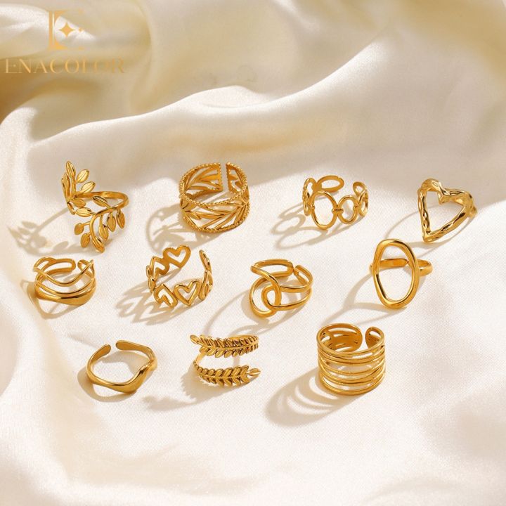 Enacolor  18K Gold Plated Personality Geometric Heart Rings for Women Fashion Jewelry Accessories