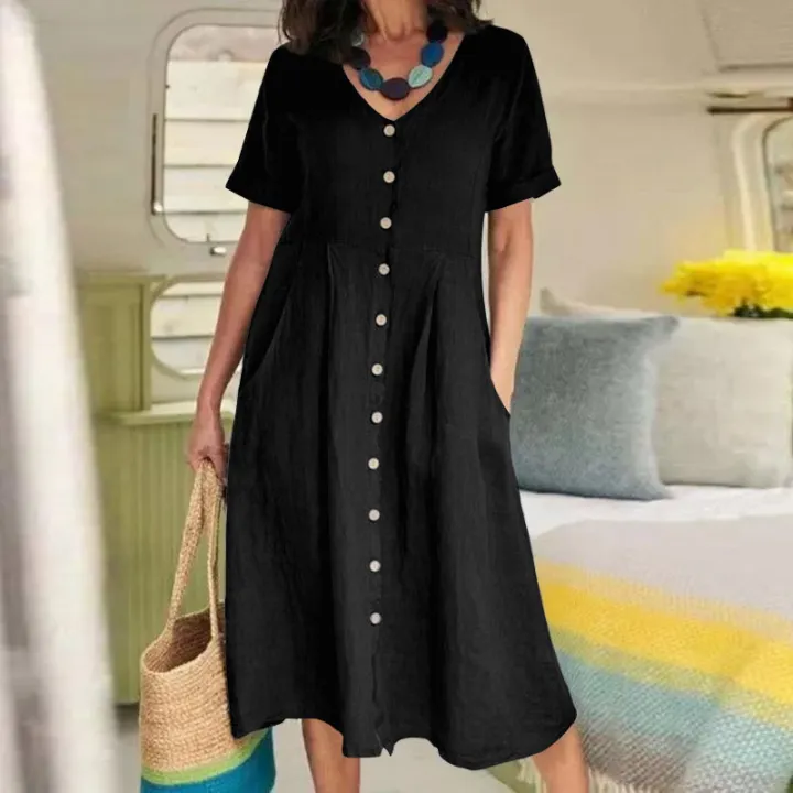 Women%E2%80%99s%20qualityful%20Solid%20Color%20Loose%20Short%20Sleeve%20Mid-long%20A-line%20Dresses%20V-neck%20Button%20Breasted%20Female%20Dress%20-%20Image%203