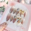 Fairy Flower Nails with White Bow Crystal Design Korean Sweet Style Nails for Lady Girls Artificial Nails Handmade. 