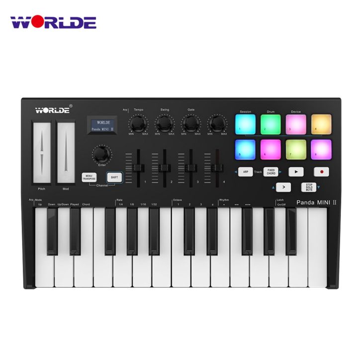 WORLDE%20Panda%20MINI%20II%20Portable%2025-Key%20USB%20MIDI%20Keyboard%20Controller%20with%208%20RGB%20Backlit%20Trigger%20Pads%204%20Assignable%20Control%20Knobs%204%20Assignable%20Sliders%20-%20Image%202