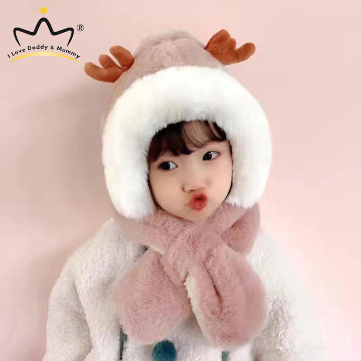 Cute Antler Baby Hat Winter Plush Warm Baby Scarf Hat Scarf Integrated Warm and Windproof 1-6 Years