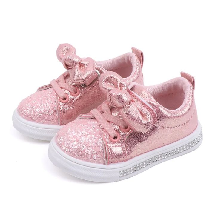 Spring Princess Sport Shoes For Girls Korean Style Sequins Bow Fashion Footwear Soft-soled Toddler Shoes For Baby Girls Sneakers