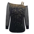 Sequin Mesh Cold Shoulder Blouse Splice Long Sleeves Loose Shiny Glitter Tunic Top Casual Womens Tops And Blouses. 