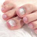 24pcs Simple French toe nails tips glitter diamond design press on toenails short full cover artificial foot nail with glue.