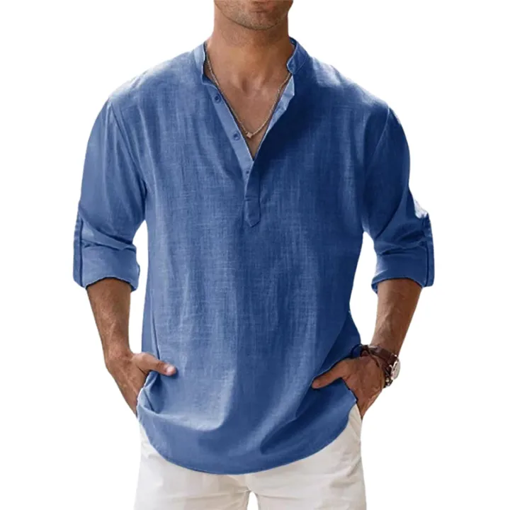 New%20Men's%20Cotton%20Shirts%20Linen%20Casual%20Long%20Sleeve%20Button%20Down%20Shirt%20Band%20Collar%20Loose%20Tops%20M-5XL%20-%20Image%205