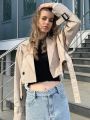 ZBZA Women's Fashion Belt Embellished Short Trench Coat Long Sleeve Front Button High Street Jacket Khaki Twill Slim Fit Jacket. 