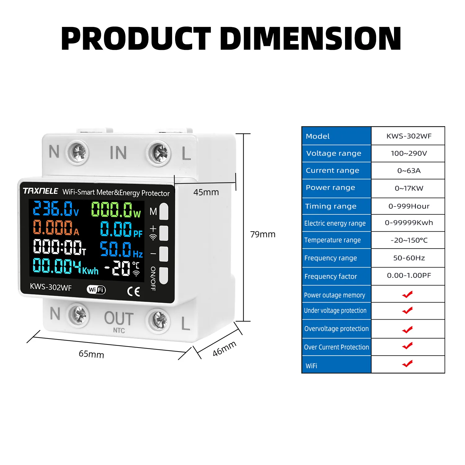 TUYA WiFi Smart Power Meter Over Under Voltage Protection Relay Switch Circuit Breaker Energy kWh Temperature Meter Smart Life