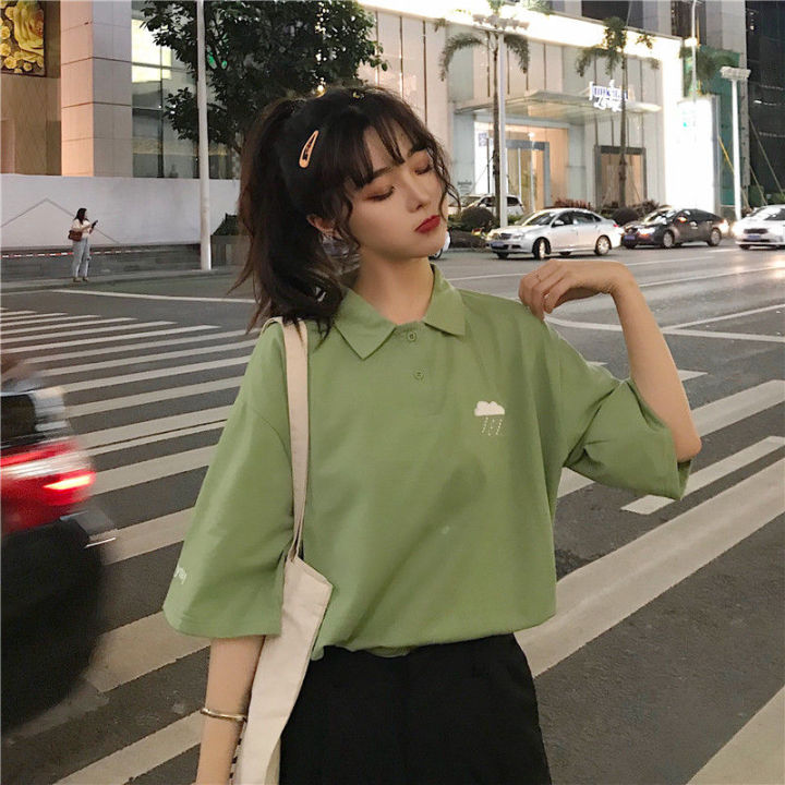 Summer Matcha Green polo Korean Style Loose Short Sleeve Shirt T T-shirt Female Student ins Fashionable Clothes with Half Sleeves Avocado Green