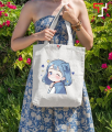 Cute Cartoon Girl Printed Black and White Canvas Tote Bag with Zipper for Girls. 