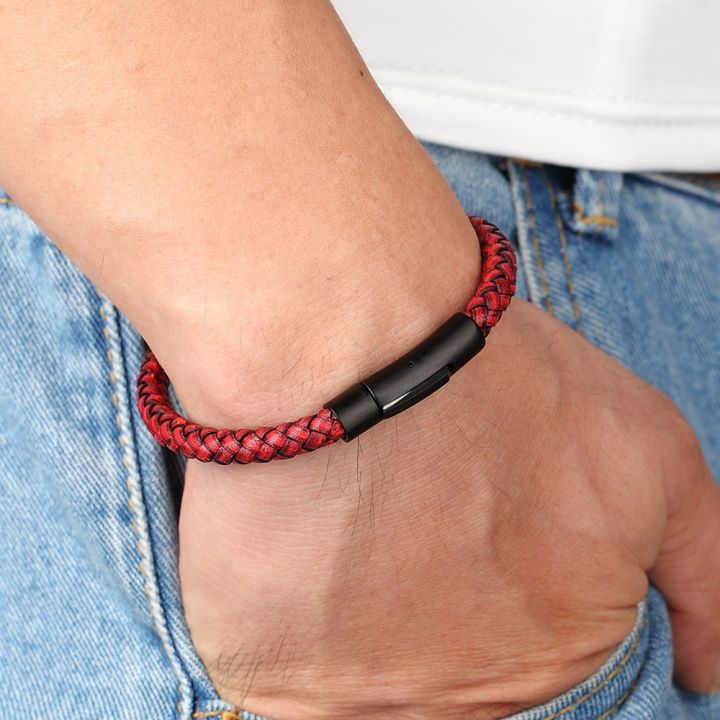 XQNI%20New%20Classic%20Style%20Men%20Leather%20Bracelet%20Simple%20Black%20Stainless%20Steel%20Button%20Neutral%20Accessories%20Hand-woven%20Jewelry%20Gifts%20-%20Image%203