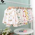 Kids Summer Thin Pajamas Sets New 2023 Boys Girls Cotton Linen Cartoon Long Sleeve Lapel Shirt Tops with Pants Baby Home Wear.