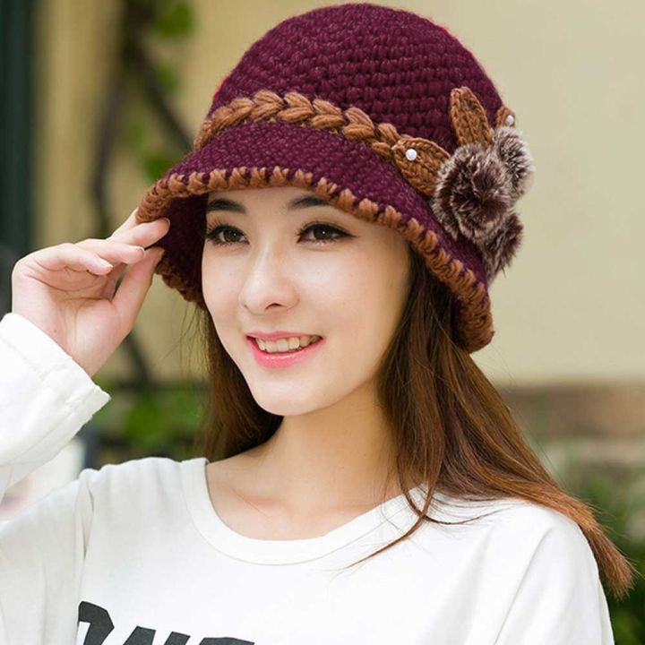 【beauty code store】Fashion Caps Lady Winter Warm Crochet Knitted Flowers Decorated Ears Elegant Inverno Beanie Female #YJ