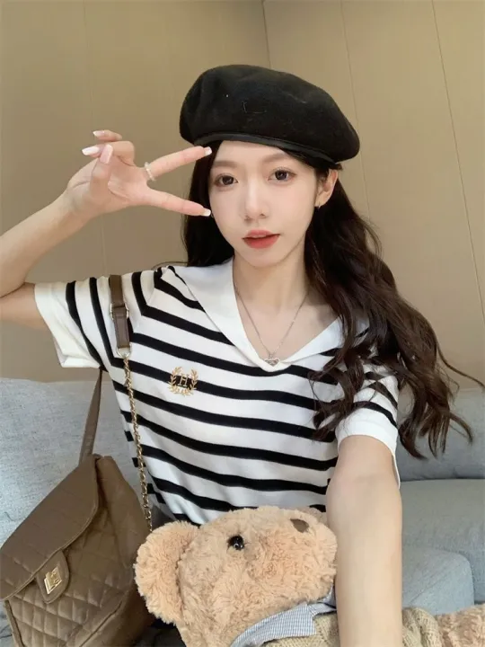 Summer%20Sweet%20Japanese%20Sailor%20Collar%20Ice%20Silk%20Stripes%20Knitted%20Short%20Sleeve%20T%20T-shirt%20Design%20Hot%20Girl%20Casual%20Top%20-%20Image%203