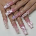24pc French artificial nails with designs y2k butterfly 3D charms press on nails XLong ballet coffin false nails with rhinestone. 
