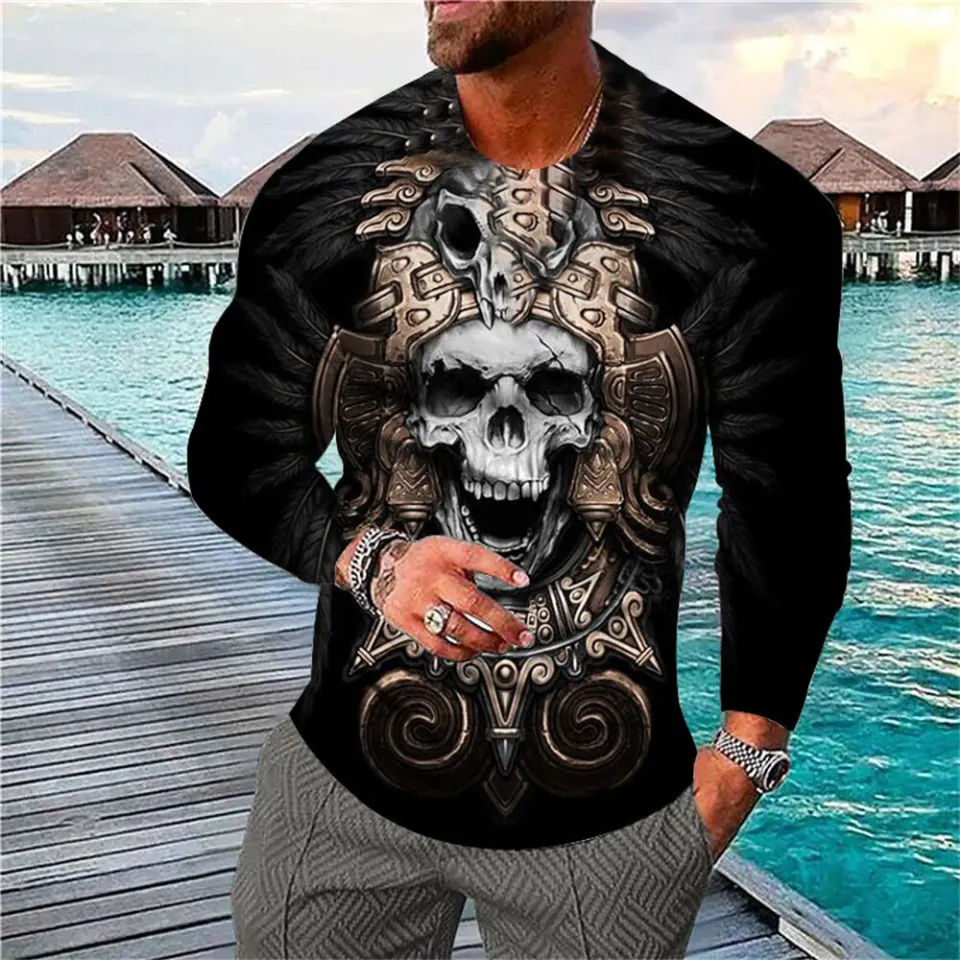 Vintage Long Sleeve T Shirt For Men 3d Skull O-neck Tees Tops