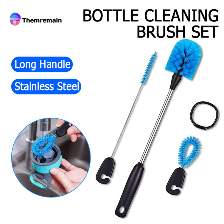 Stainless steel long handle water bottle cleaning brush set, built for narrow neck bottles