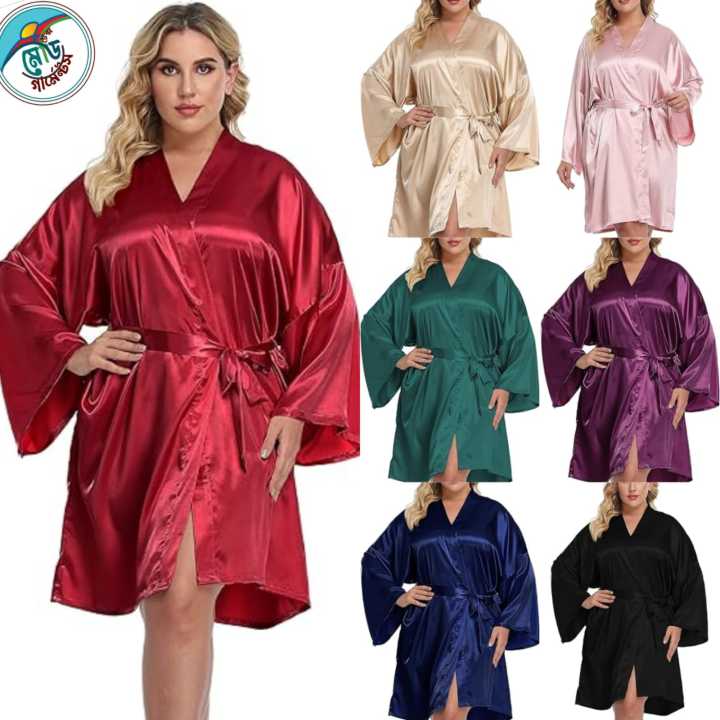 Plus Size Bridesmaids Satin Kimono Robe – Soft, Comfortable Short Nightgown & Sleepwear