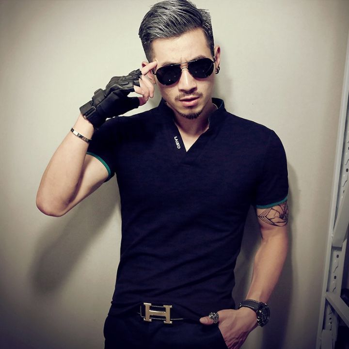 Men's%20V%20Neck%20T%20Shirt%202023%20Summer%20Fashion%20Solid%20Short%20Sleeve%20T%20Shirt%20Men%20LAISO%20Print%20Collar%20Slim%20Fit%20Mens%20Top%20Tees%20Shirt%20-%20Image%206