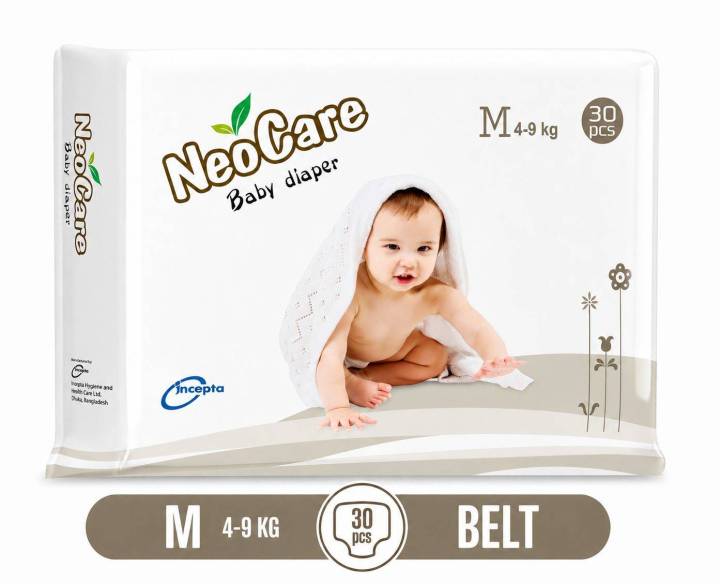 NeoCare Premium Baby Diaper (M Size) 4-9 KG - 30 Pcs | Belt System