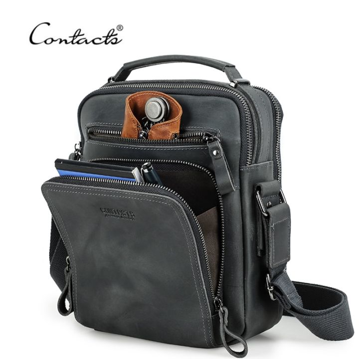 CONTACT'S Crazy Horse Leather Men's Shoulder Bag Vintage Messenger Bags Men Bolsos Male Crossbody Bags Man's Handbag Sling Bag