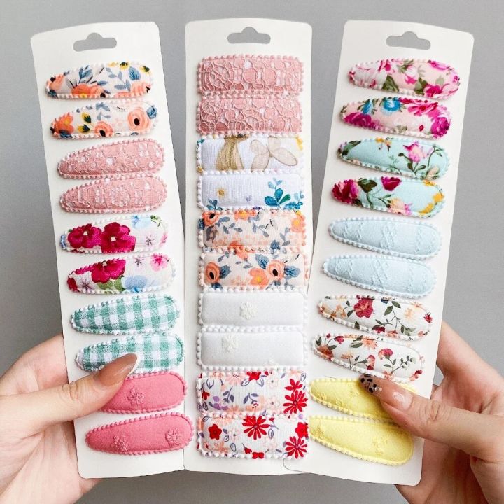 6Pcs/Set Basic Snap Baby Hair Drop Clip Cotton Flower Leopard Print Bobby Hairpin Lace Sweet Summer Plain Striped Headwear