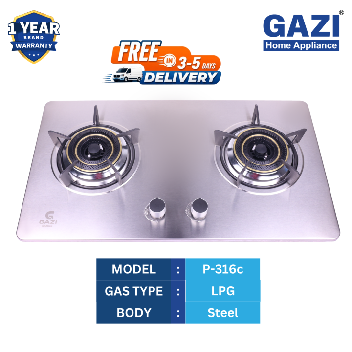 Gazi Gas Stove P-316 | Premium Steel Body, Auto Ignition, Double Burner | LPG/NG Supported.