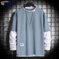 Decorative Splicing Style T-shirt Stylish Men's Two-piece Patchwork Sweatshirt Trendy Fall/winter Hop Stwear for Soutast Asian Fashion Enthusiasts Men Round Neck T-shirt.